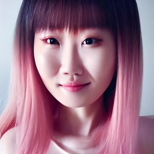 Prompt: beautiful hyperrealism selfie of nikki 苏 暖 暖 from shining nikki, a cute 3 d young woman smiling sofly, long light pink hair and full bangs, flushed face, small heart - shaped face, soft features, amber eyes, chinese heritage, golden hour, 8 k, sharp focus, instagram