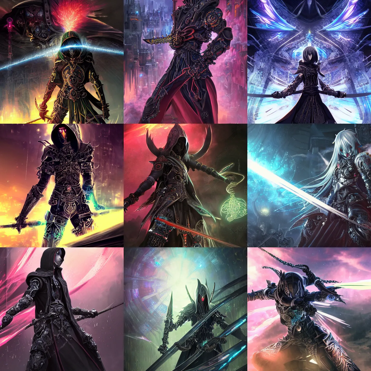 Prompt: Powerful intricate ornate cybernetic dark hooded assassin sword fighting the warrior god of chaos, beautiful high quality realistic anime CGI from Makoto Shinkai, fantasy, detailed, iridescent, technological, gothic influence, royal, colorful, epic, explosions of power, smoke, thunderous battle, fluorescent colors, epic, futuristic, intricate, dark, sparkling, megastructure in the background, water, smooth anime CG art, iridescent, fluorescent colors, rainbow aura crystals, animation, in the style of Makoto Shinkai