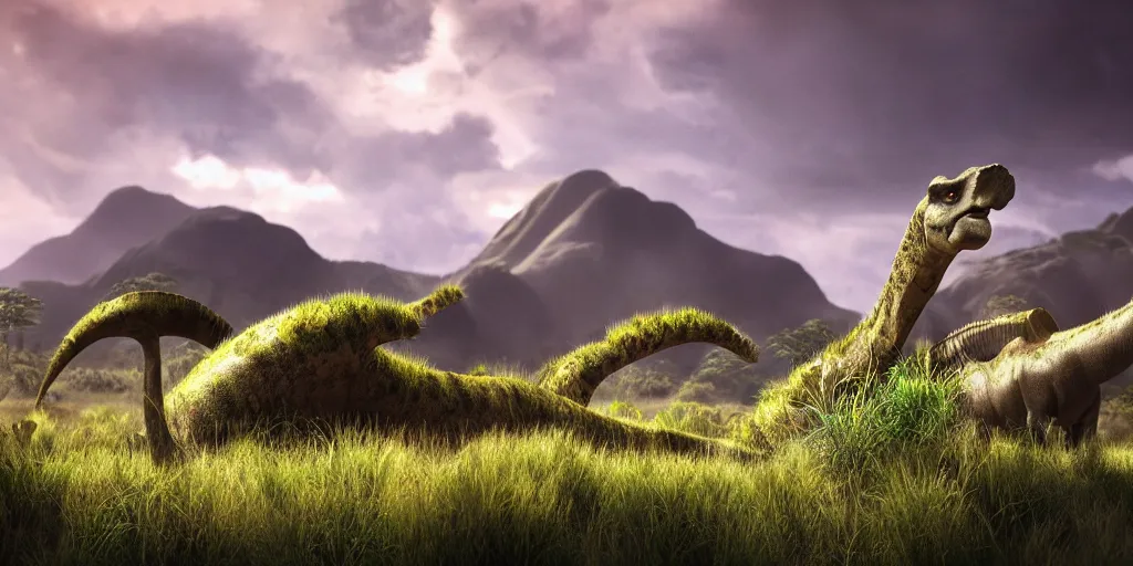 Image similar to a prehistoric fern savanna, a sauropod neck in the background, mountains, clouds, volumetric lighting, hazy, washed out, an award winning digital render, beautiful, ultradetailed, hyperrealistic, great composition