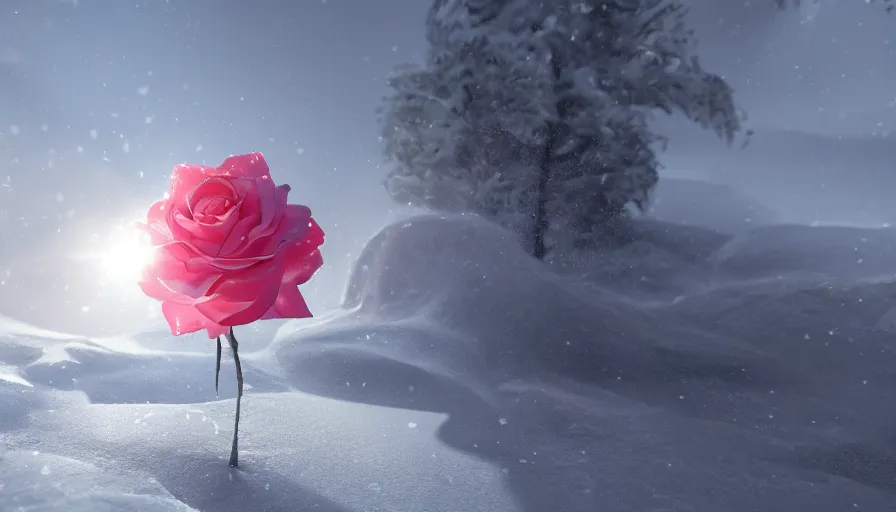 Image similar to rose in the snow, bright sunlight, volumetric light, hyperdetailed, artstation, cgsociety, 8 k