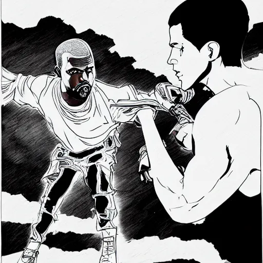 Prompt: An illustration of Kanye West beating up Pete Davidson by Katsuhiro Otomo, comic book style, 8K concept art, cel shaded, anime, detailed