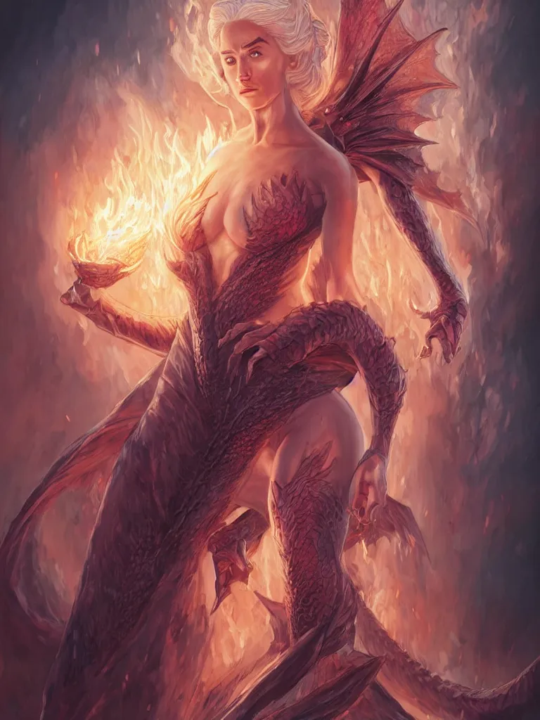 Prompt: daenerys the dragon queen in flames, pale skin, high fantasy, extremely detailed, sharp focus, smooth, digital illustration, by artgerm, rossdraws, franzzeta