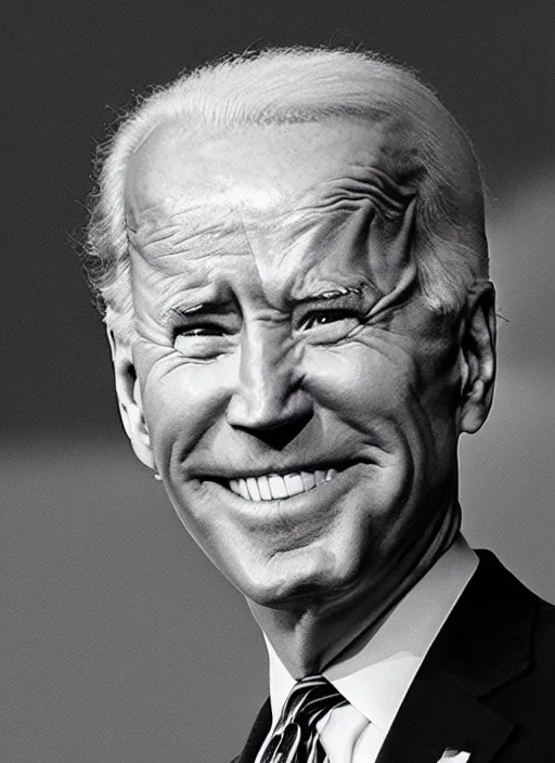 Prompt: joe biden staring directly at you ominously with an eerie comically big scary smile, 1940s scare tactic propaganda art