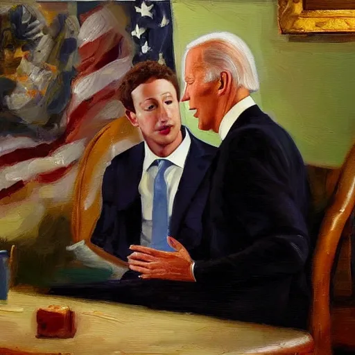 Image similar to mark zuckerberg talks to joe biden, oil painting, ideal, painting