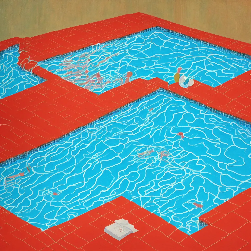 Prompt: A computer thrown into a pool painting by David Hockney