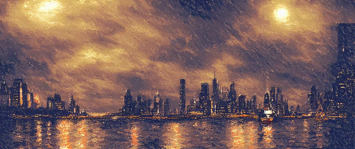 Prompt: carrier ship sailing on flooded miniature new york city at night, raining, art by yoshitaka amano, and artgerm, pixel art