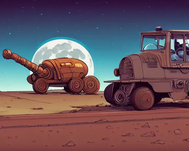 Image similar to a study of cell shaded cartoon of a mechanized snail on a desert road, in front of a big moon illustration, wide shot, muted colors, post grunge, concept art by josan gonzales and wlop, david rubin, mike mignola, laurie greasley, highly detailed, sharp focus, trending on artstation, hq, deviantart, art by artgem