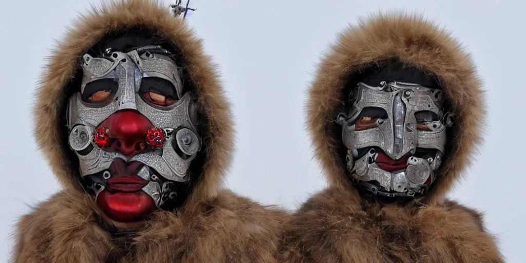 Prompt: a beautiful cyborg made of ceremonial eskimo maske