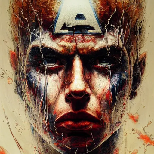 Prompt: detailed masterpiece head and shoulders portrait of struggling Captain America by Ayami Kojima, Amano, Karol Bak, Gottfried Helnwein and Mark Brooks and Meats Meier, rich deep colors. agony. Beksinski painting, part by Adrian Ghenie and Gerhard Richter. art by Takato Yamamoto. medium shot. masterpiece . intricate artwork by Tooth Wu and wlop and greg manchess, greg rutkowski, very coherent artwork, cinematic, hyper realism, high detail, octane render, unreal engine, 8k, Vibrant colors, Smooth gradients, High contrast. by Katsuhiro Otomo, inspired by anime, movie grain, intricate detail, extremely detailed. painting by Arthur Rackham, Eugene de Blaas, Frederic Leighton