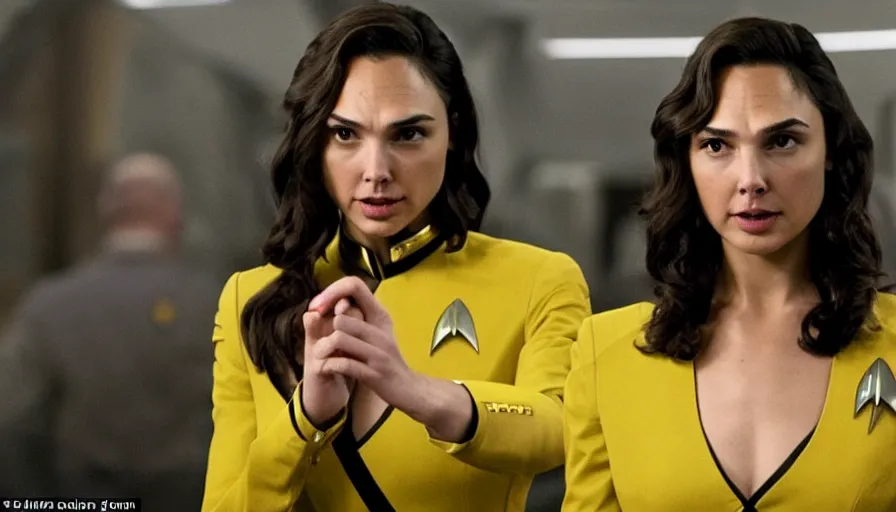 Image similar to Gal Gadot, wearing a yellow uniform, is the captain of the starship Enterprise in the new Star Trek movie