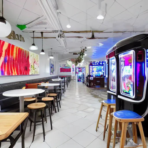 Prompt: photo of a white cafe interior with arcade machines on one side and tables on the other, 8 0 s art on the tall white walls, wide angle shot 4 k hdr