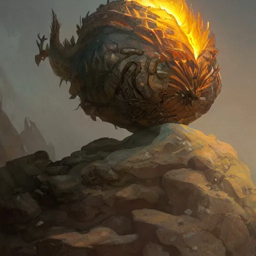 Prompt: A large flaming dragon egg in a nest hidden inside a rocky cave, fantasy art by greg rutkowski and alphonse mucha, highly detailed, digital painting, matte painting, concept art, illustration, oppressive lighting, trending on artstation, very detailed