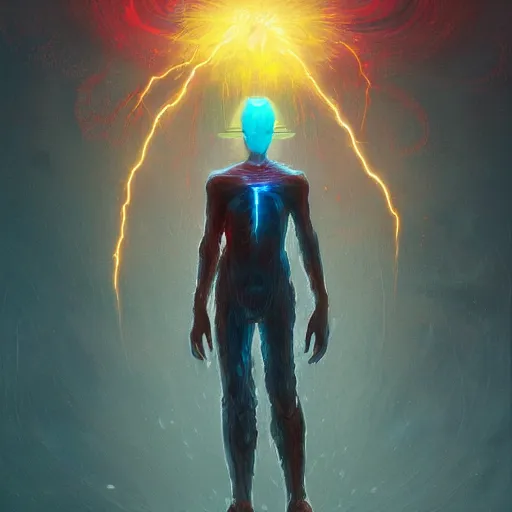 Prompt: medium shot of a ghostly transparent yellow lightning elemental humanoid with red and blue goggles shooting lightning bolt from hand, cyberpunk concept art by pete mohrbacher and seb mckinnon and beksinski and josan gonzales, digital art, highly detailed, intricate, sci-fi, sharp focus, Trending on Artstation HQ, deviantart, unreal engine 5, 4K UHD image