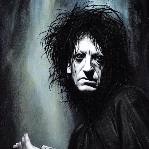 Prompt: stunning portrait of gaunt neil gaiman a ( the cure fan ) as dream from sandman, dim stars as eyes, by jeremy mann, by cedric peyravernay, by by russ mills, by richard avedon and ben templesmith, dramatic lightning, sadness, dark eye sockets, in the shadows, punk rock, gothic, high detailed, 8 k