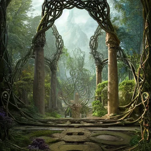 Prompt: a beautiful and highly detailed matte painting of an elven temple in a magical fantasy garden in a lush forest, celtic knots, ancient runes, knotted trees, intricate details, epic scale, insanely complex, 8 k, sharp focus, hyperrealism, very realistic, by caspar friedrich, albert bierstadt, james gurney, brian froud,