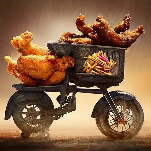 Image similar to “ an elephant selling fried chicken wings and sticky rice with a motorcycle cart in rural thailand. masterpiece. trending on artstation ”