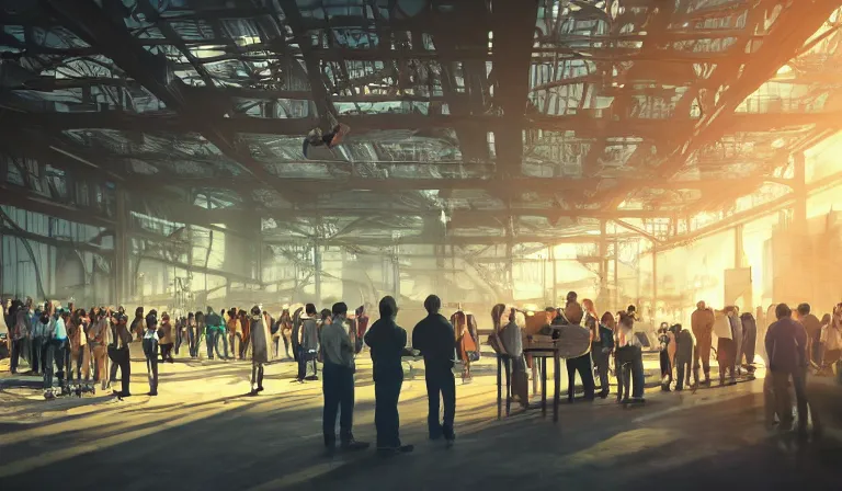 Image similar to group of people in simple warehouse, looking at hologram of futuristic dense metropolis on a table, cinematic concept art, godrays, golden hour, natural sunlight, 4 k, clear details, tabletop model buildings, center model buildings, hologram center, crane shot, crane shot, crane shot