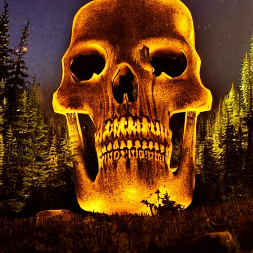 Image similar to A giant skeleton with glowing eyes towering above the treeline, night, ominous, creepy
