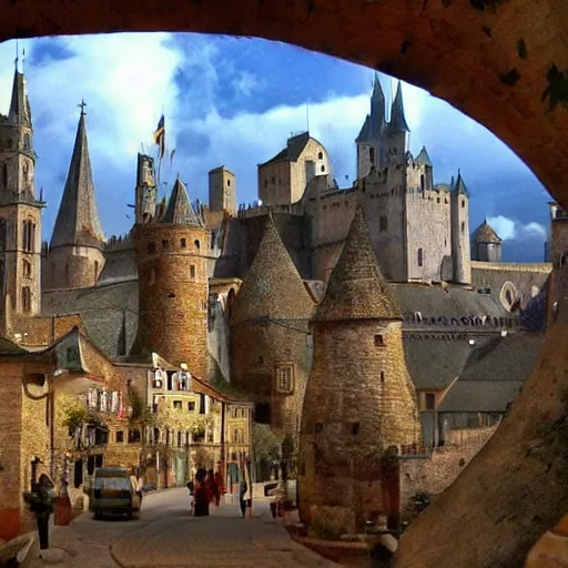 Prompt: medieval city on the back of a giant guillermo del toro style