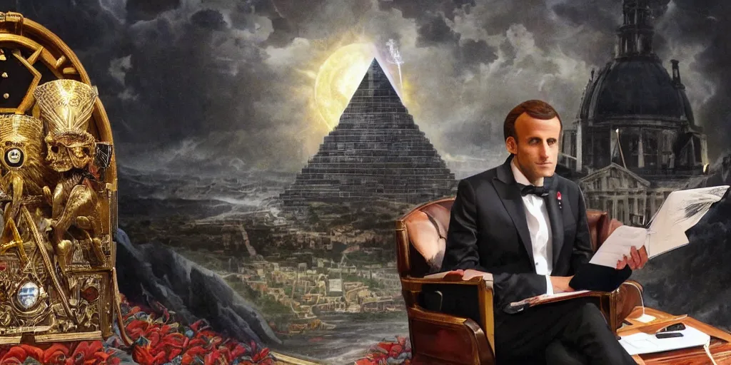 Image similar to emanuel macron hacking his way to illuminati council, freemason, epic, esoteric, matte painting, ultra detailled, conspiracy, reptilians