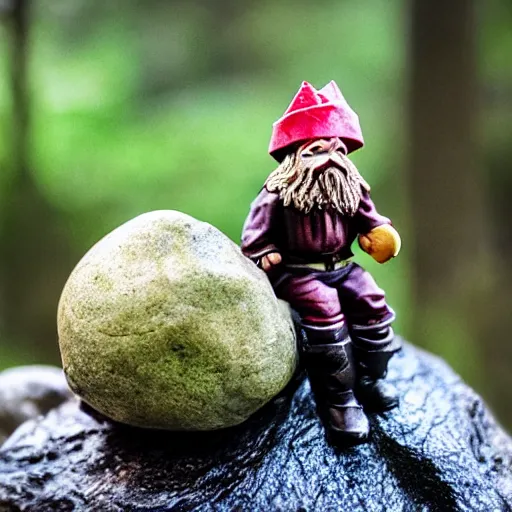 Prompt: A picture of a magical mysterious dwarf sitting on a rock in the forest eating red apple, style of Petar Meseldžija, ultra detailed, hyper realistic