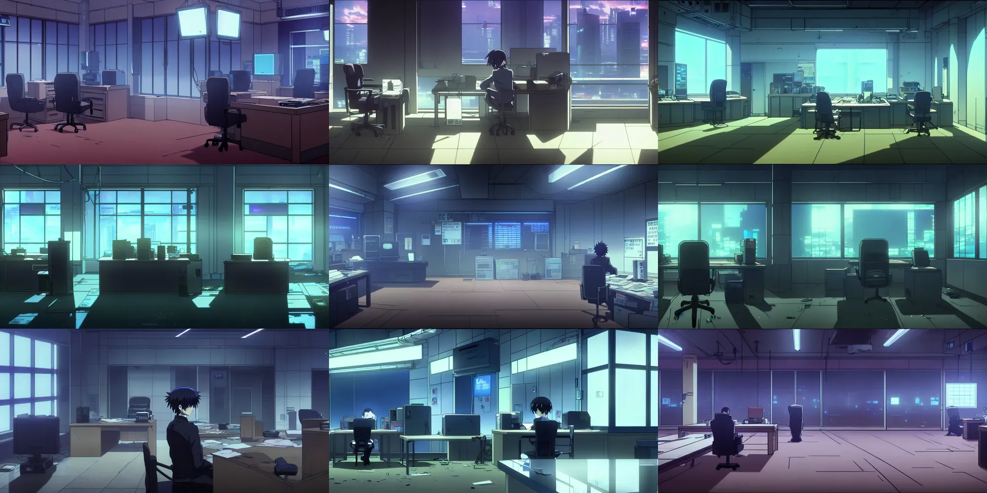Prompt: an atmospheric empty empty quiet quiet after hours cyberpunk police office office in the cyberpunk neon noir anime film, by Shichiro Kobayashi and makoto shinkai, screenshot in the anime series ergo proxy and Detroit metal city, interior