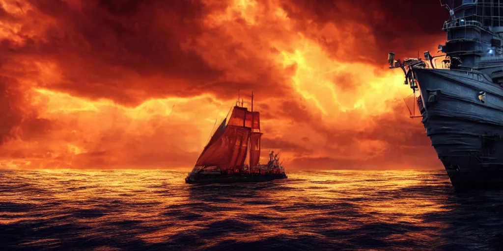 Image similar to close portrait of a ship on the sea, over the shoulder on the ship is a medieval woman ship pilot from behind, dramatic golden neon sunset with wall of storm clouds, wearing shiny breastplate, dynamic lighting, hyperrealistic, hd 4 k, artstation