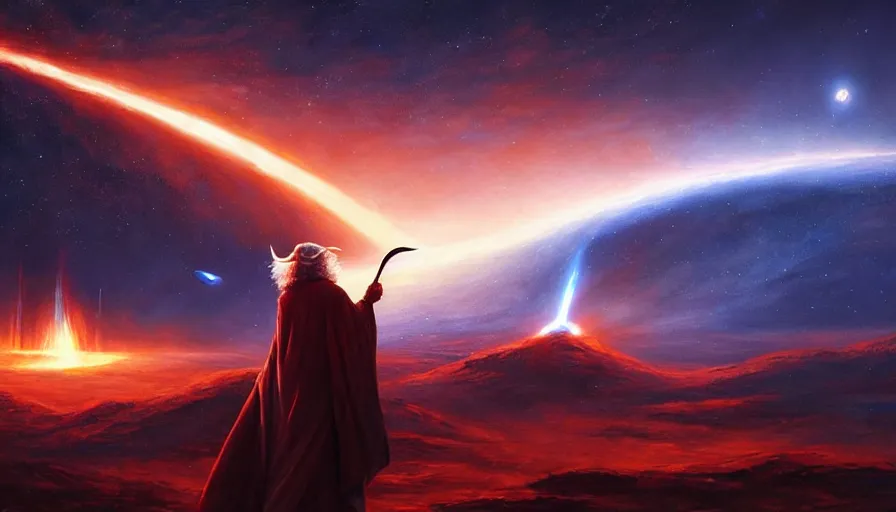 Prompt: a beautiful painting of gandalf watching a red giant star going supernova in the sky of an alien world, ray traced lighting by jean kalin popov and greg rutkowski