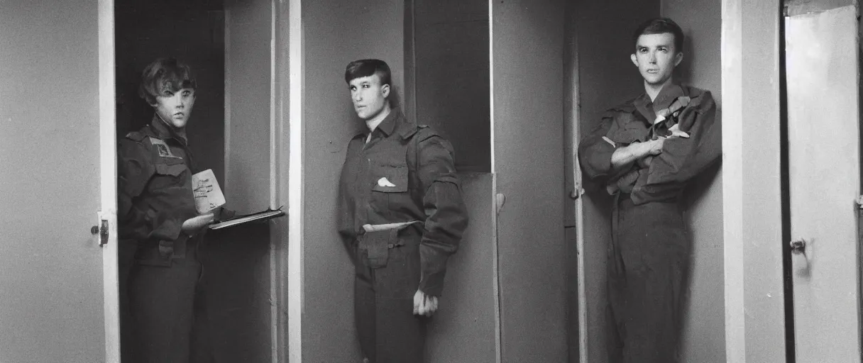 Prompt: a high quality color extreme creepy atmospheric wide dutch angle hd 4 k film 3 5 mm photograph of a young inexperienced caucasian military man standing in a doorway of a military breakroom in with a clipboard he looks young and experienced in 1 9 8 2