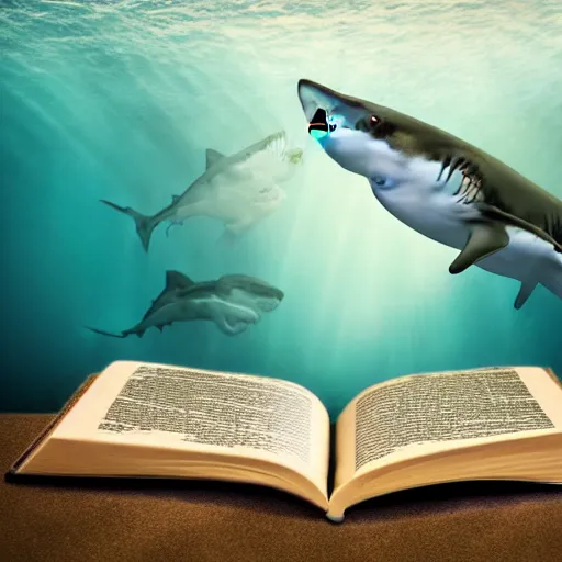 Image similar to a shark underwater reading a book realistic hdr photoshoot