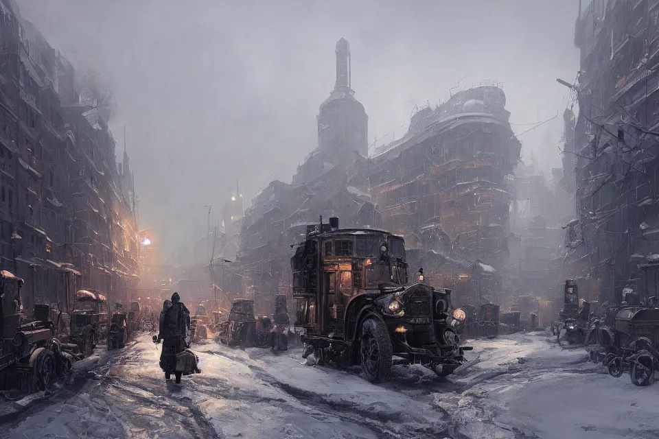 Image similar to highly detailed painting of dieselpunk stockholm, winter, snow, dystopia, by greg rutkowski, 4 k resolution, trending on artstation