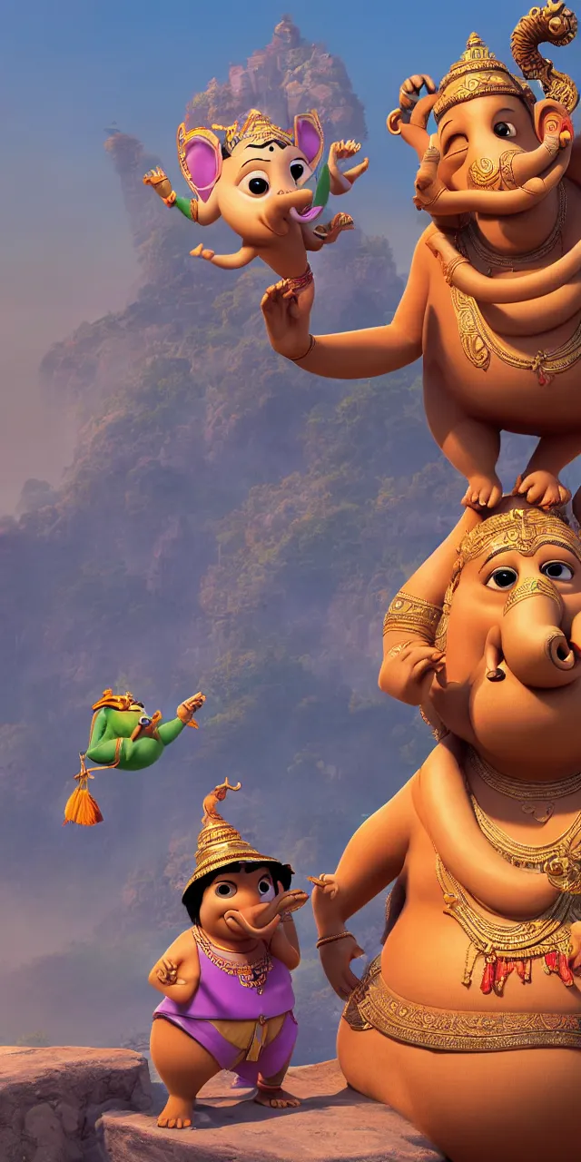 Image similar to ganesh and siddhartha as a pixar disney characters from up 2 0 0 9 unreal engine octane render 3 d render photorealistic