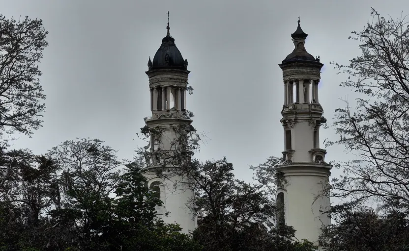 Prompt: a neoclassical tower with dome on a magical gloomy mystical forest.