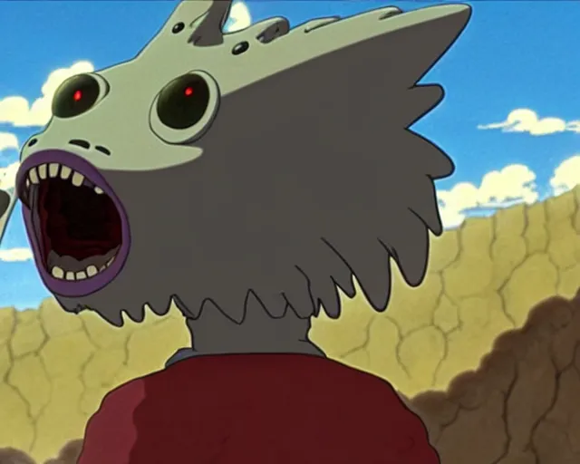 Image similar to a cell shaded cartoon grey lovecraftian mechanic wolf from howl's moving castle ( 2 0 0 4 ), with a big head, on a desert road, wide shot, studio ghibli, hq