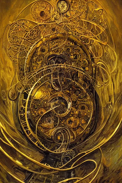 Image similar to The Helliquary by Karol Bak, Jean Deville, Gustav Klimt, and Vincent Van Gogh, otherworldly, fractal structures, arcane, clockface, spiral clock, inferno, inscribed runes, reliquary, infernal relics, ornate gilded medieval icon, third eye, spirals