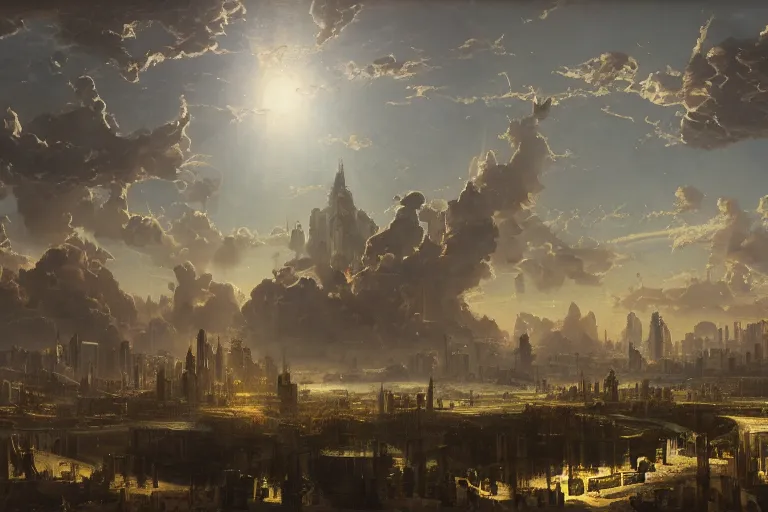 Image similar to a vast planetary sci-fi city by Ansel Adams and Bernardo Bellotto, oil on canvas, artstation, dramatic scenery, masterpiece, aesthetic