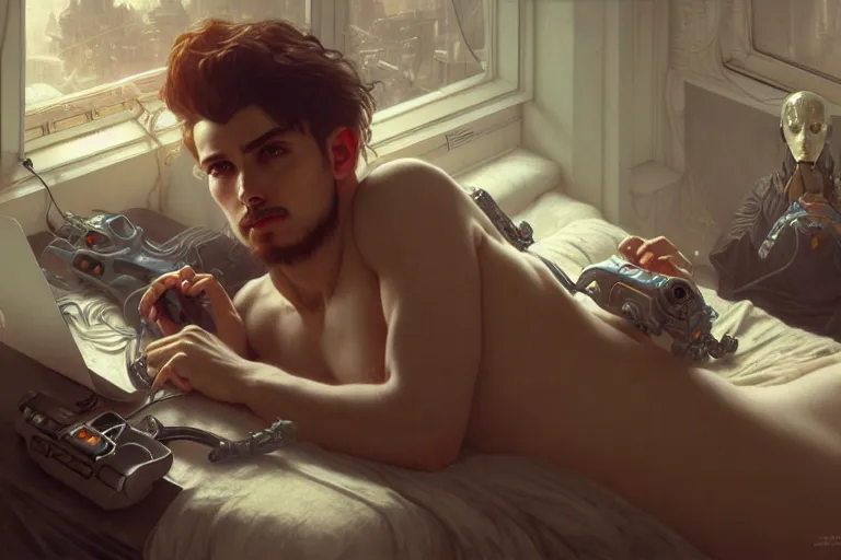 Prompt: ultra realistic, beautiful male plugged into the internet, laying in bed, sci - fi, intricate details, eerie, highly detailed, octane render, 8 k, art by artgerm and alphonse mucha and greg rutkowski