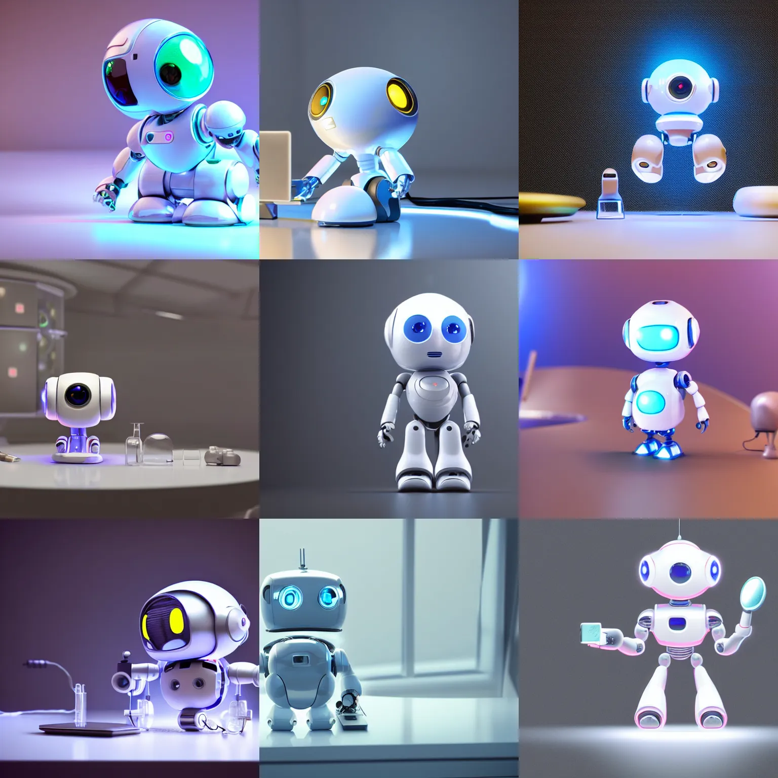 Prompt: a cute rounded tiny harmless robot, made out of shiny white metal, sitting on a lab table, surrounded by lab tools, 3 d hyper realistic render, white neon lighting, pixar style, futuristic, science fiction, high angle close up shot, macro, technologic