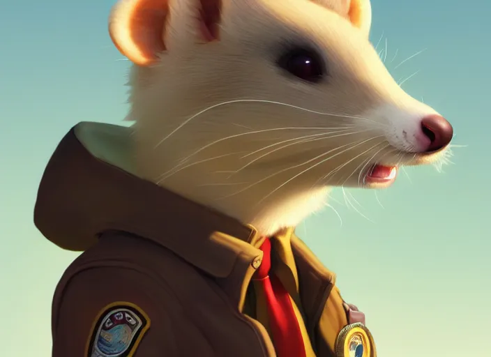 Image similar to character portrait feature of the anthro male anthropomorphic ferret fursona wearing airline pilot outfit uniform professional pilot character design stylized by charlie bowater, ross tran, artgerm, and makoto shinkai, detailed, soft lighting, rendered in octane, airport in background