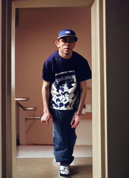 Prompt: Portrait of a 1990s Philadelphia b-boy looking back while exiting his apartment, hand on the doorknob, photographed for Reuters, Kodak Portra 400, 25mm f/1.8, light diffusion, contrast, film grain, 8k archival print, after Petrus van Schendel