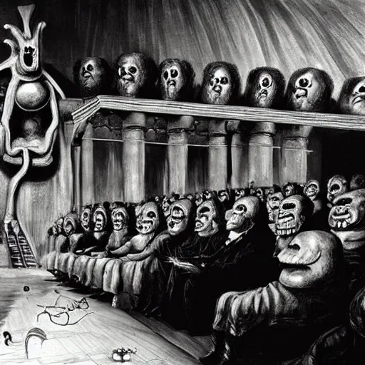 Image similar to lecturer giving a lecture to a hall filled with fantastic monsters, by dali