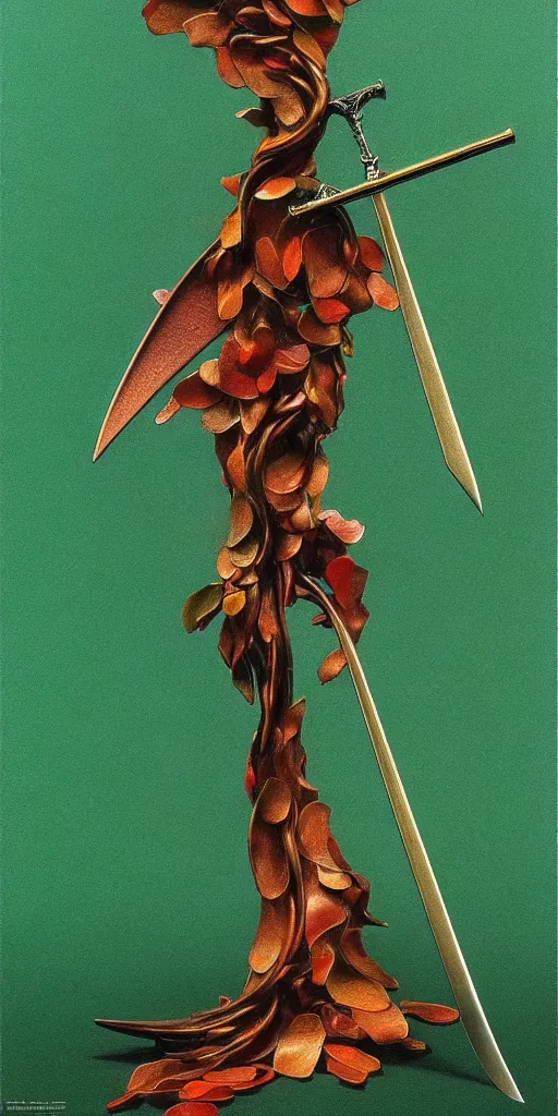 Image similar to a sword made from flower petals in the style of zdzisław beksinski, elegant, copper and emerald