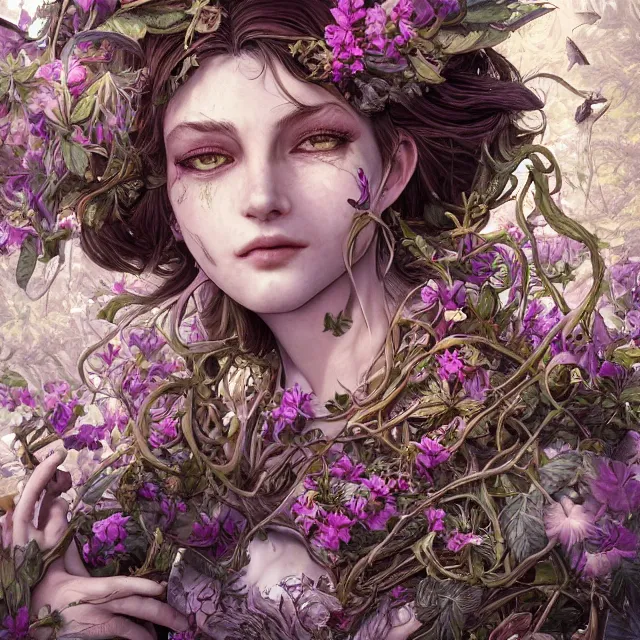 Prompt: the portrait of chaotic good female druid botanist as absurdly beautiful, gorgeous, elegant, young gravure idol, an ultrafine hyperdetailed illustration by kim jung gi, irakli nadar, intricate linework, detailed faces, sharp focus, bright colors, octopath traveler, unreal engine 5 highly rendered, global illumination, radiant light, detailed and intricate environment