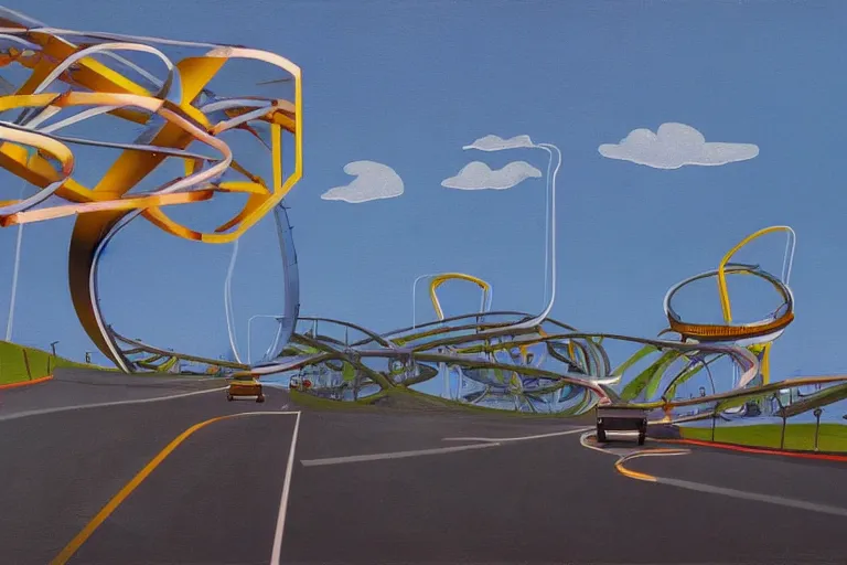 Prompt: watching traffic on a road that does loop - de - loops like a rollercoaster, a jeffrey smart painting, danger and peril