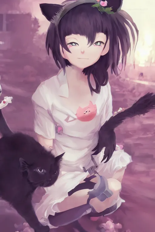 Image similar to anime girl with short hair and cat ears playing with a small black kitten, concept art, wlop, digital painting, trending on artstation, highly detailed, epic composition, official media, 8 k uhd