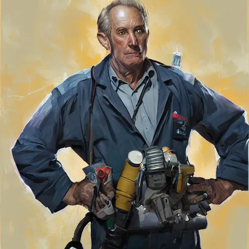 Image similar to greg manchess portrait painting of ghostbuster dr. raymond stantz overwatch character, medium shot, asymmetrical, profile picture, organic painting, sunny day, matte painting, bold shapes, hard edges, street art, trending on artstation, by huang guangjian and gil elvgren and sachin teng