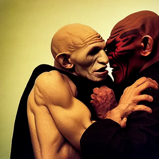 Image similar to portrait of nosferatu biting off mike tyson's ear, correct faces, uhd hyperdetailed photo by annie leibowitz 5 0 mm lens