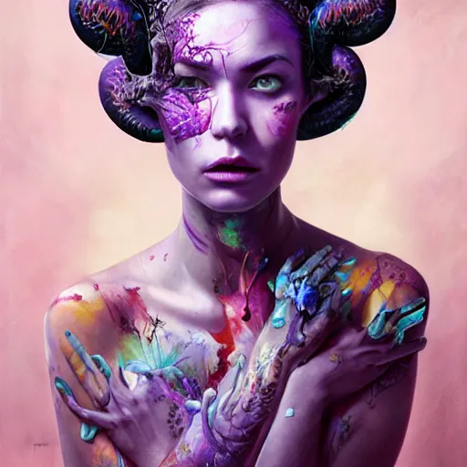 Prompt: art portrait of a furious girl with purple tentacles on her head, 8 k, by tristan eaton, stanley artgermm, tom bagshaw, greg rutkowski, carne griffiths, trending on deviantart, face enhance, hyper detailed, full of colour