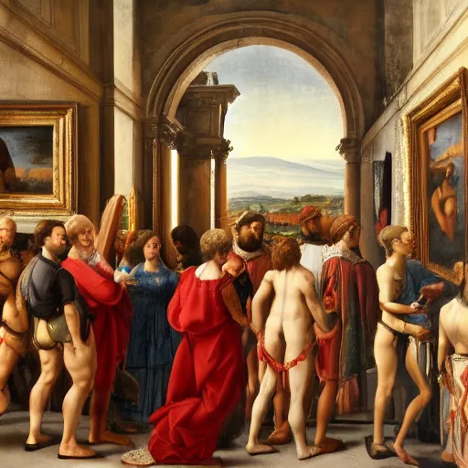 Image similar to Italian renaissance style people standing in an art gallery looking at art on the walls, photo realistic, oil on canvas