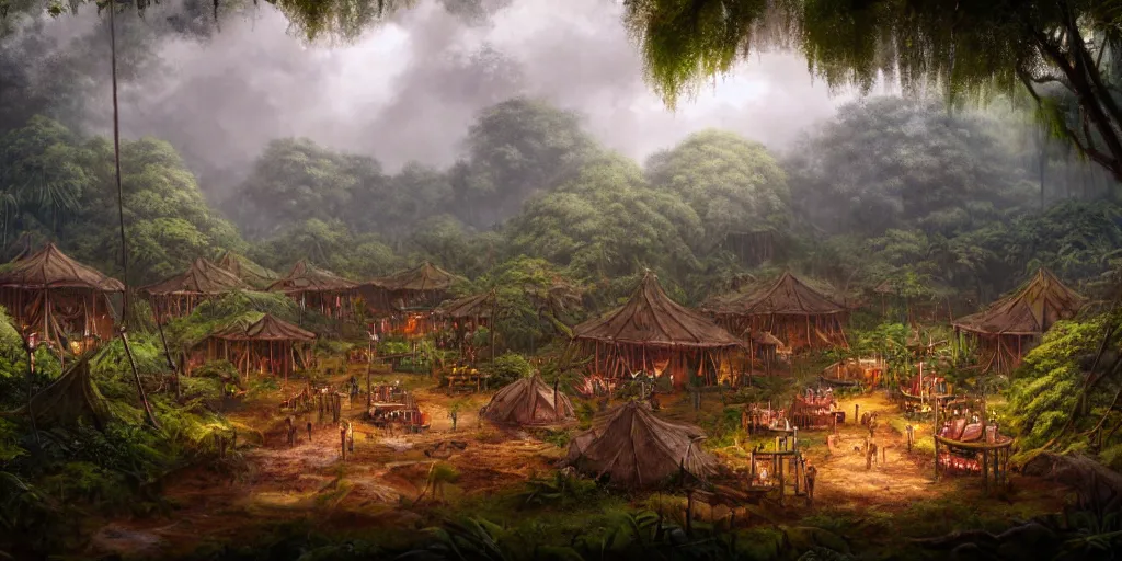 Prompt: a clearing in the jungle reveals a village full of merchant tents and mushroom huts, matte oil painting, science fantasy, retrofuturistic, biblical, rpg, queer, pride, epic, extremely detailed, sharp focus, 4 k